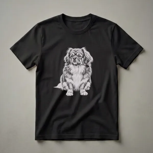 A black t-shirt featuring a detailed pencil sketch illustration of a Tibetan Spaniel dog sitting, with its long fur and expressive eyes clearly depicted.