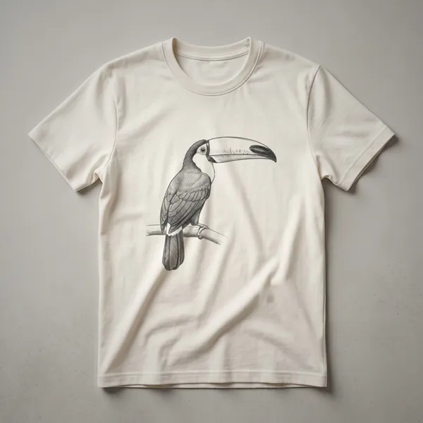 A vintage line drawing of a toucan perched on a branch, displayed on a graphic t-shirt.