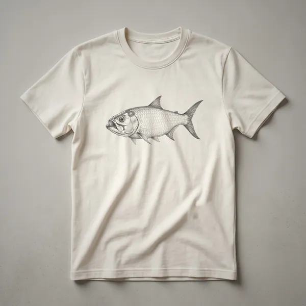 Black line drawing of a tarpon fish swimming, depicted in a vintage art style on a t-shirt.