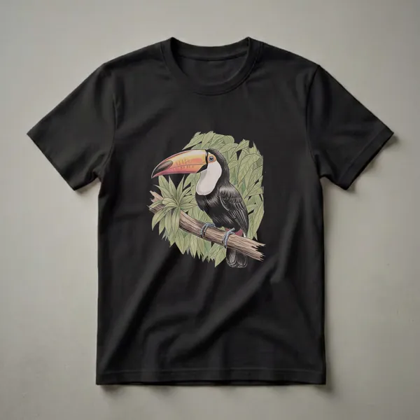 A black t-shirt featuring a detailed drawing of a toucan perched on a branch, surrounded by green leaves.