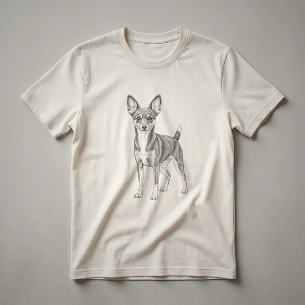 Black line drawing of a Toy Fox Terrier dog on a black t-shirt, showcasing its alert ears and standing posture.