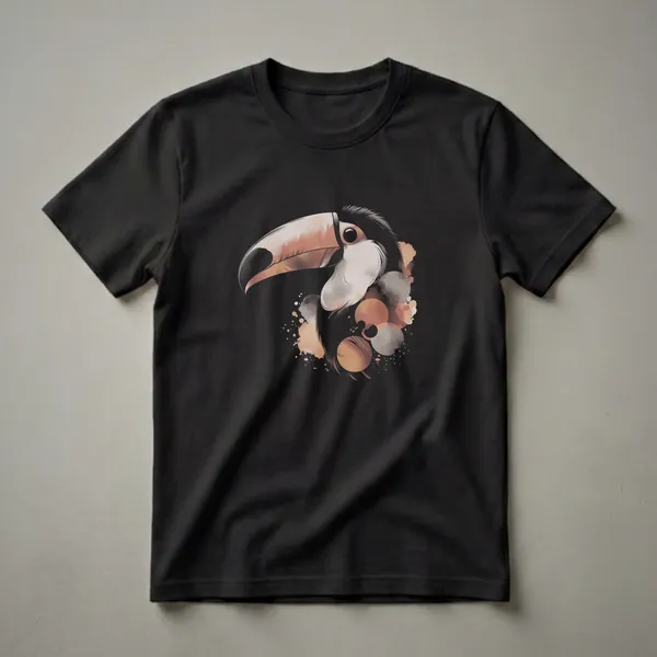 Black t-shirt with an artistic drawing of a toucan's head in profile, featuring a large beak and abstract watercolor splashes in shades of orange, beige, and grey.