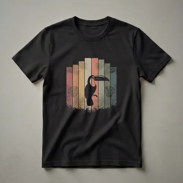 Black toucan silhouette graphic t-shirt with a retro sunset stripe background and palm leaf overlays.