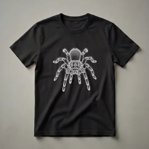 Black t-shirt with a white line drawing of a tarantula in the center, showcasing its eight legs and hairy texture.