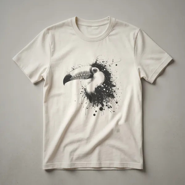 Black t-shirt featuring an abstract, monochromatic drawing of a toucan's head with splattered ink effects.
