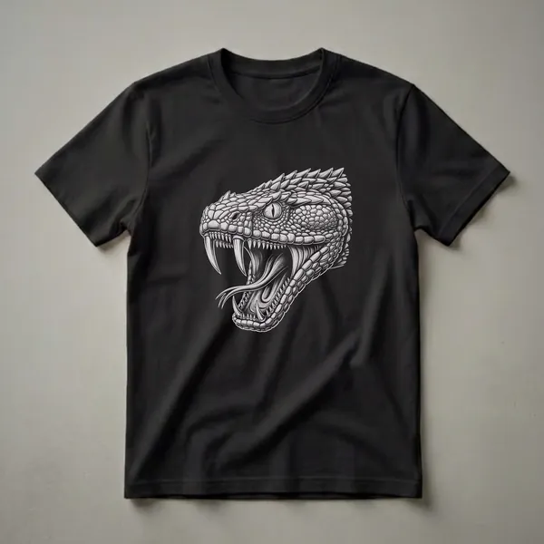 Black t-shirt featuring a detailed, monochromatic drawing of a Titanoboa snake's head with its mouth open, revealing fangs and tongue.