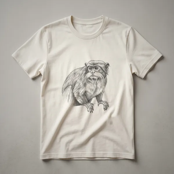 A black and white sketch of a tamarin monkey with detailed fur and expressive eyes, depicted in a vintage art style on a t-shirt.