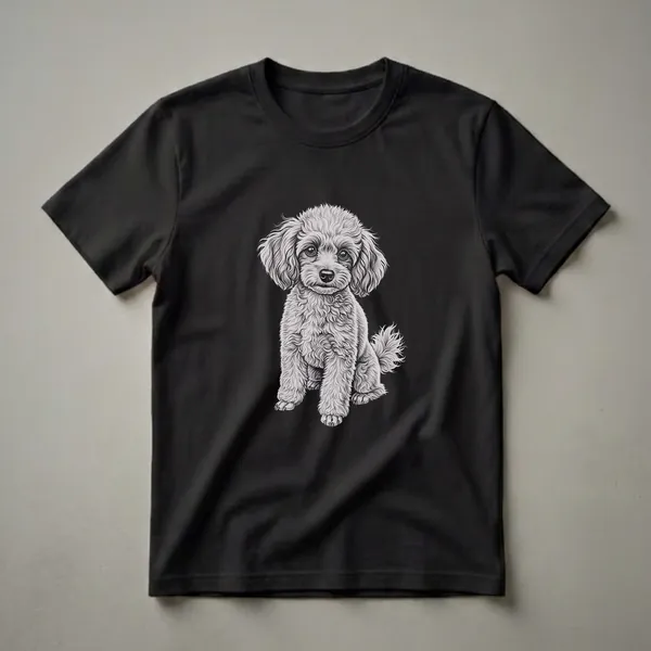 Black t-shirt featuring a detailed pencil sketch of a toy poodle sitting down, with its curly fur and expressive eyes clearly visible against a black background.