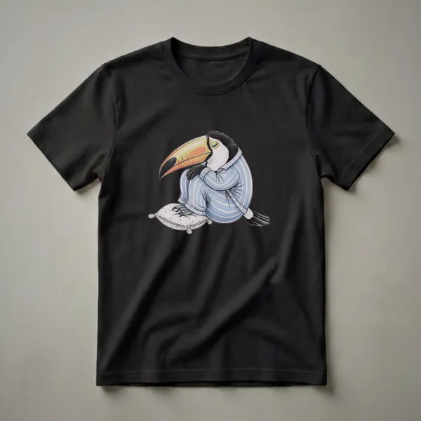 A white graphic t-shirt featuring a drawing of a toucan wearing blue and white striped pajamas, sleeping on a polka-dotted pillow.