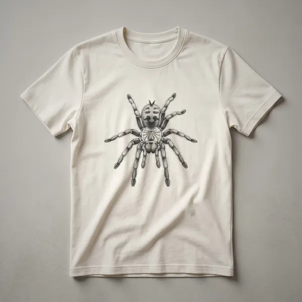 A black and white line drawing of a tarantula, showcasing its hairy legs and body, presented on a dark garment.