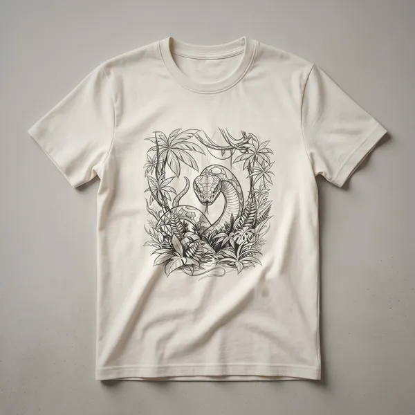 A black t-shirt featuring a detailed line drawing of a Titanoboa snake's head and body surrounded by jungle leaves and vines.
