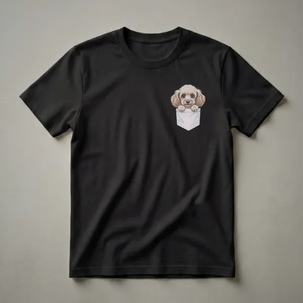 A graphic t-shirt featuring a drawing of a light brown toy poodle with curly fur peeking over the top edge of a white pocket.