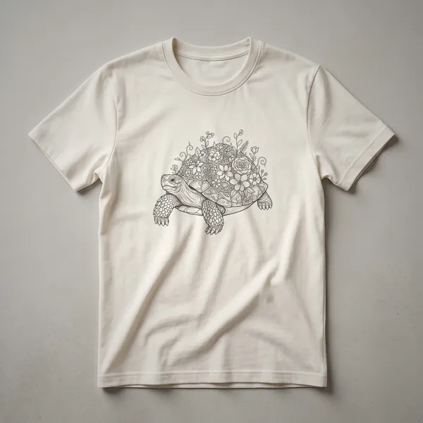 A black and white line drawing of a tortoise with its shell covered in detailed floral patterns and vines, printed on a shirt.