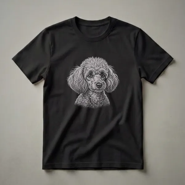 A black t-shirt featuring a detailed, vintage-style pencil drawing of a poodle's face with curly fur and expressive eyes.
