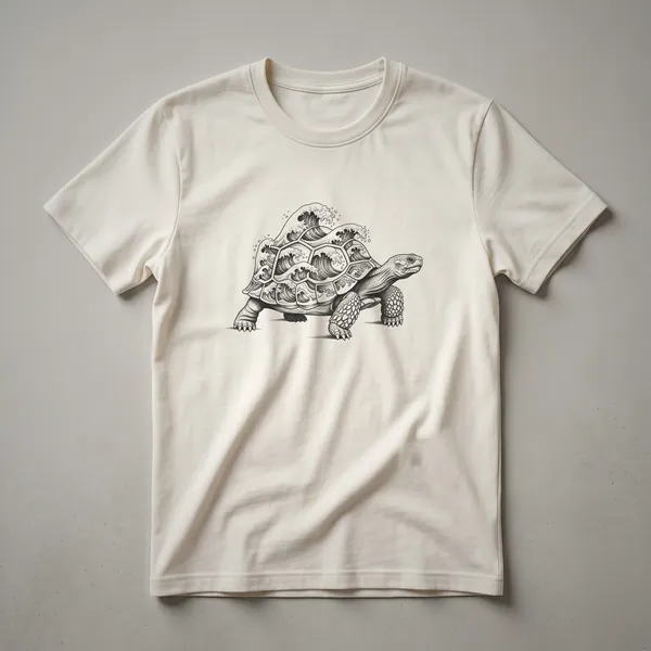 Black line art drawing of a tortoise with wave patterns on its shell, presented on a dark t-shirt.