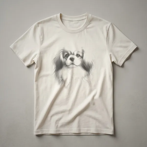 Black t-shirt featuring a vintage line drawing of a Tibetan Spaniel's face with detailed fur and expressive eyes.