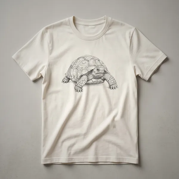A black t-shirt with a white line drawing of a tortoise facing forward, showcasing its detailed shell and legs.