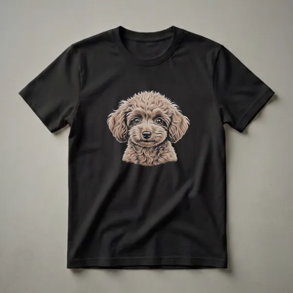 A brown Toy Poodle drawing with curly fur and dark eyes, set against a black background on a t-shirt.