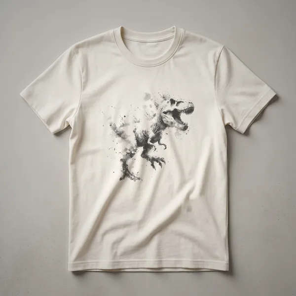 Black and white abstract drawing of a Tyrannosaurus Rex dinosaur in a dynamic pose, featured on a t-shirt.