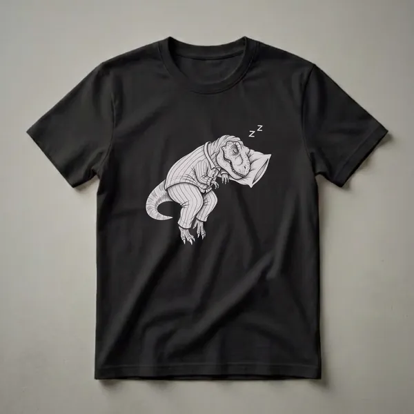 Black and white drawing of a Tyrannosaurus Rex wearing striped pajamas and sleeping on a pillow, with 'Zzz' symbols above its head.