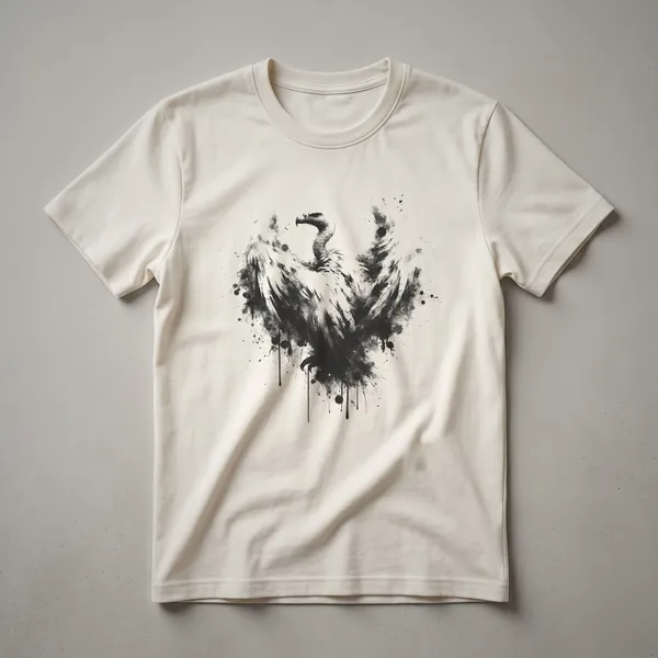 Black t-shirt with an abstract ink drawing of a vulture, featuring splattered ink effects and dripping details.