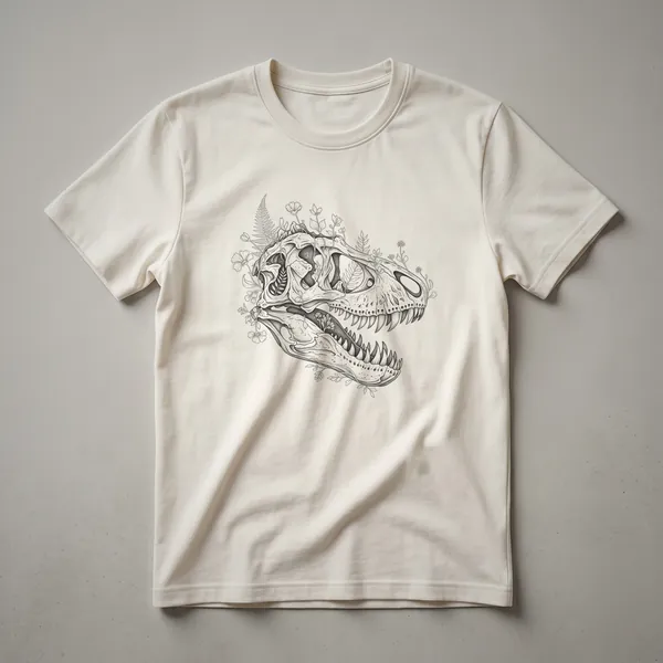 Black line drawing of a Tyrannosaurus Rex skull with flowers and leaves growing around it, printed on a black t-shirt.