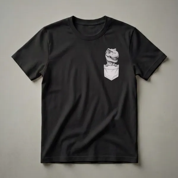 Black t-shirt with a detailed, vintage-style drawing of a Tyrannosaurus Rex head emerging from a faux pocket on the left chest area.