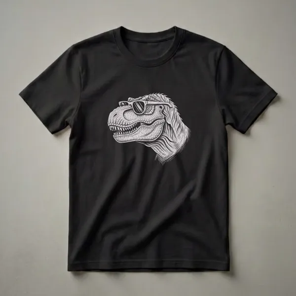 Black and white sketch of a Tyrannosaurus Rex head wearing sunglasses, on a black t-shirt.