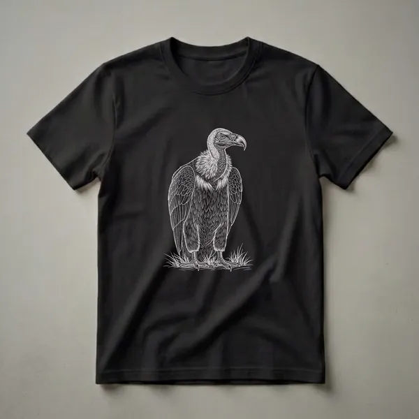 Black t-shirt with a white line drawing of a vulture standing in grass, depicted in a vintage engraving style.
