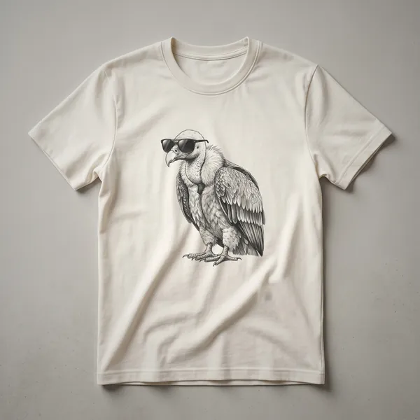 A black and white line drawing of a vulture wearing dark sunglasses, depicted on a dark background, suitable for a t-shirt design.