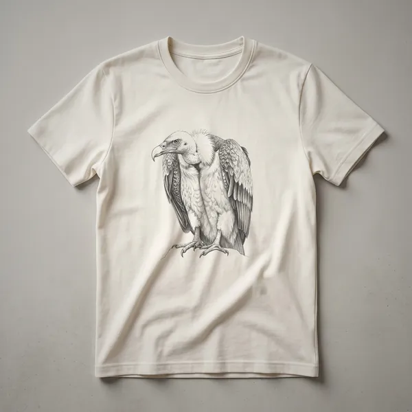 A vintage-style line drawing of a vulture, depicted with intricate feather detail and sharp talons, presented on a dark garment.