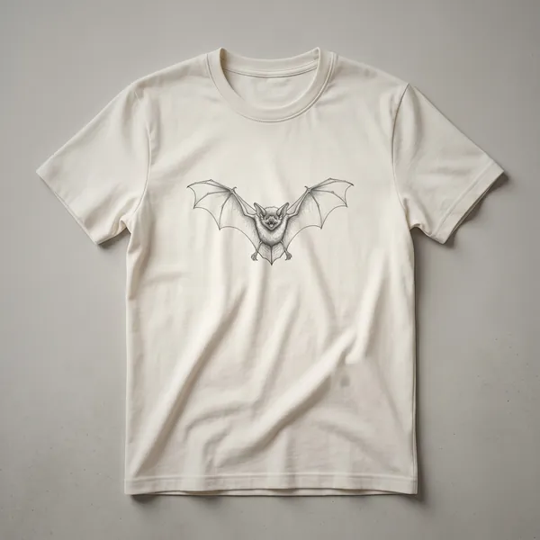 Black and white line drawing of a vampire bat with wings spread wide, depicted on a t-shirt.