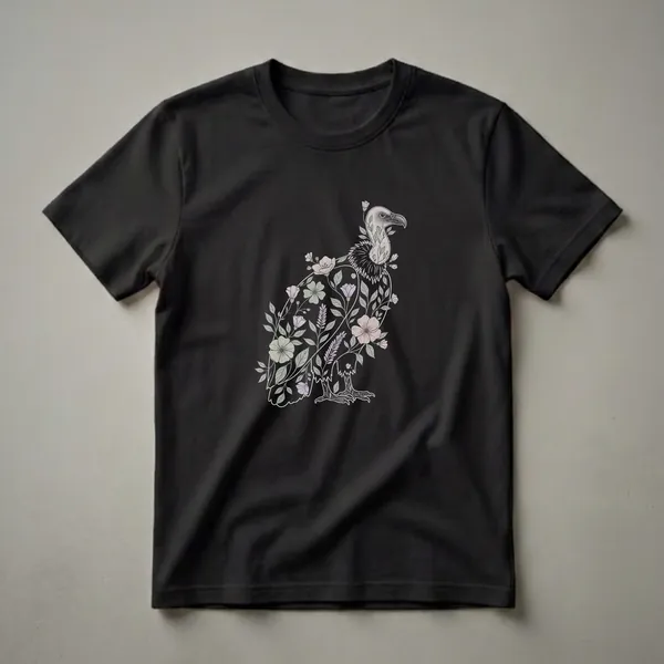 Black t-shirt with a detailed drawing of a vulture adorned with pastel pink, lavender, and sage green flowers and leaves.