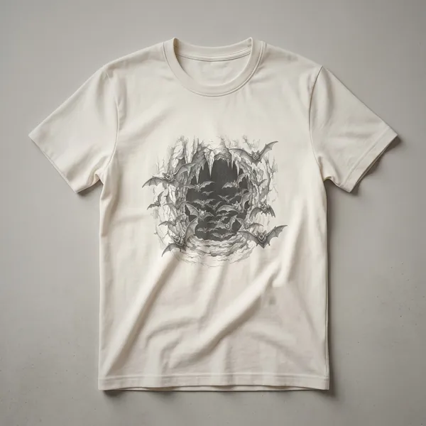 A black t-shirt featuring a detailed vintage line drawing of numerous vampire bats flying and roosting within a dark cave environment.