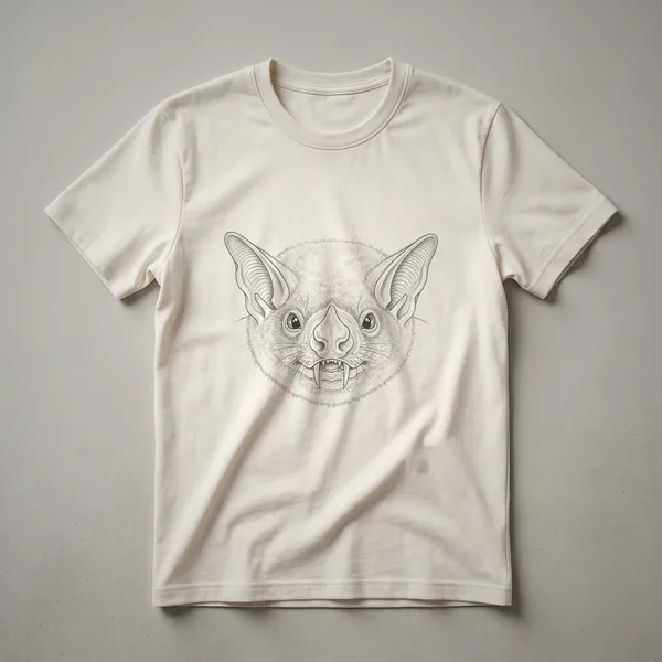 A black t-shirt featuring a white line drawing of a vampire bat's face, showing its large ears, eyes, and fangs.