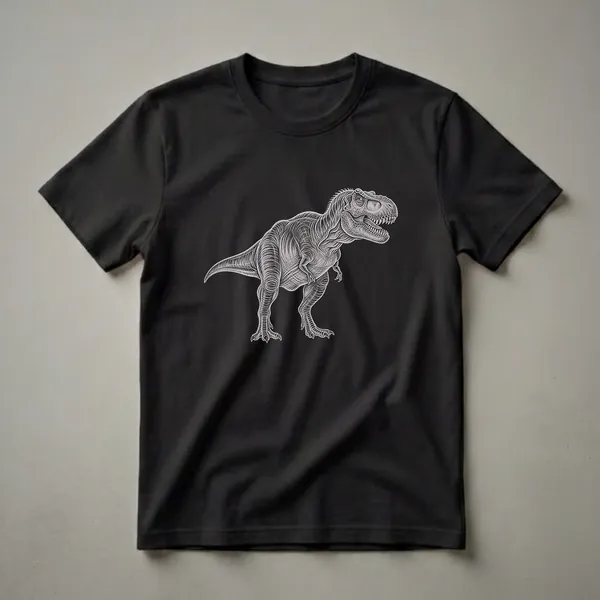 Black t-shirt with a white line-art drawing of a Tyrannosaurus Rex dinosaur in profile, showcasing its detailed head, body, and legs.