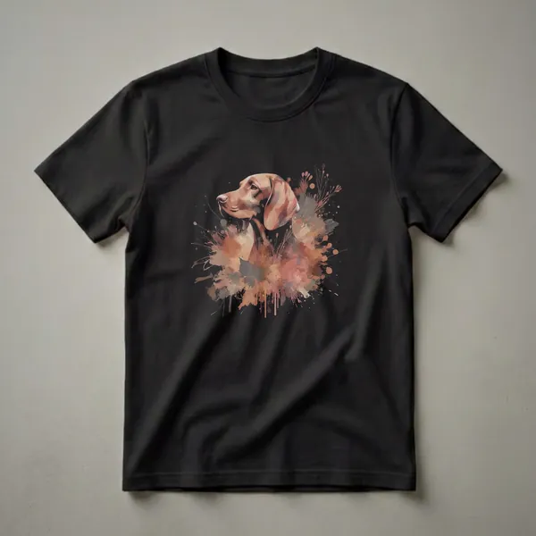 Black t-shirt featuring an artistic Vizsla dog portrait in profile, rendered with abstract watercolor splashes in earthy tones.