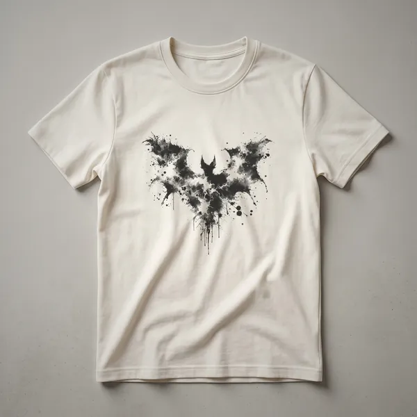 Black graphic t-shirt featuring an abstract vampire bat design rendered in a splattered and drippy ink style.