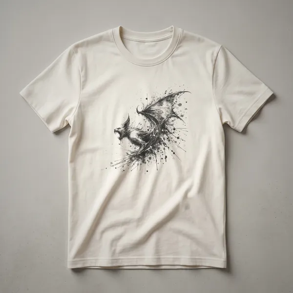 Black graphic t-shirt featuring a dark, stylized drawing of a vampire bat in flight with abstract ink splatters.