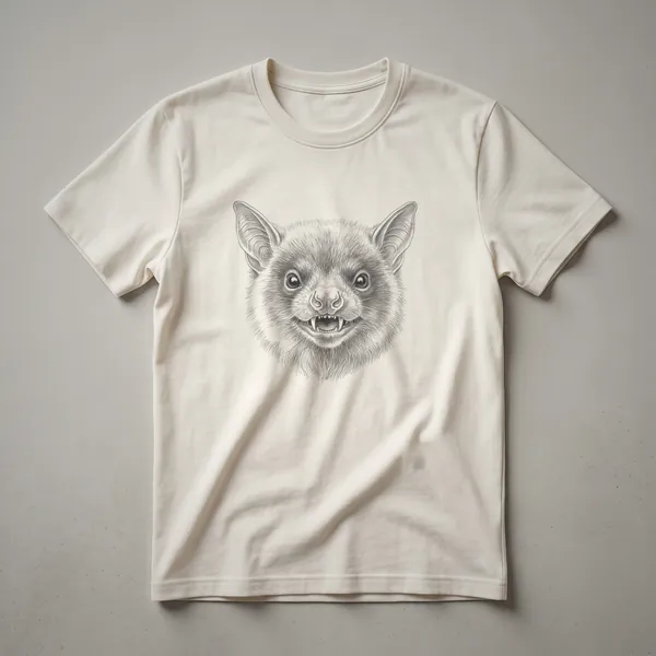 Black t-shirt featuring a detailed line-art sketch of a vampire bat's face, showing large ears, eyes, and fangs.