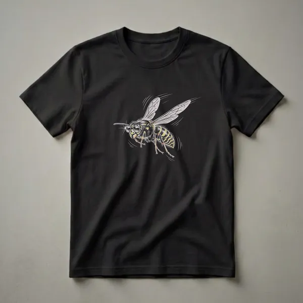Black t-shirt featuring a detailed vintage drawing of a yellow and black wasp in flight, wearing round sunglasses, with white motion lines indicating movement.