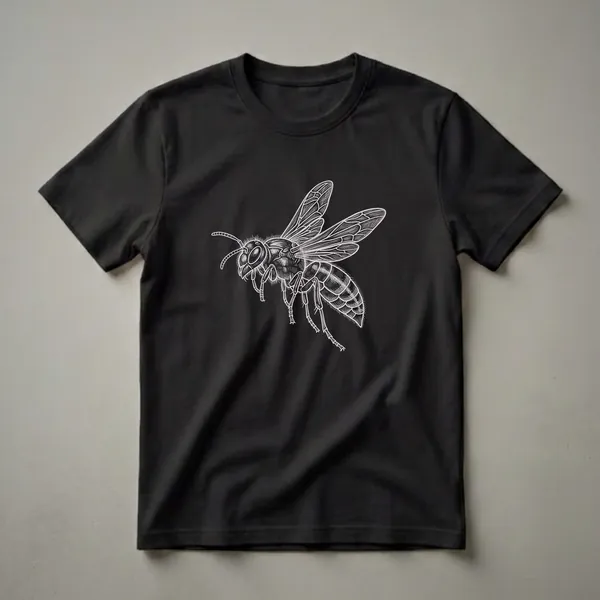 Black t-shirt with a white line drawing of a wasp in flight, showcasing its wings, segmented body, and antennae in a vintage sketch style.