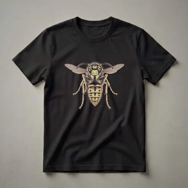 Black t-shirt featuring a detailed, realistic drawing of a yellow and black wasp with translucent wings spread, set against a black background.