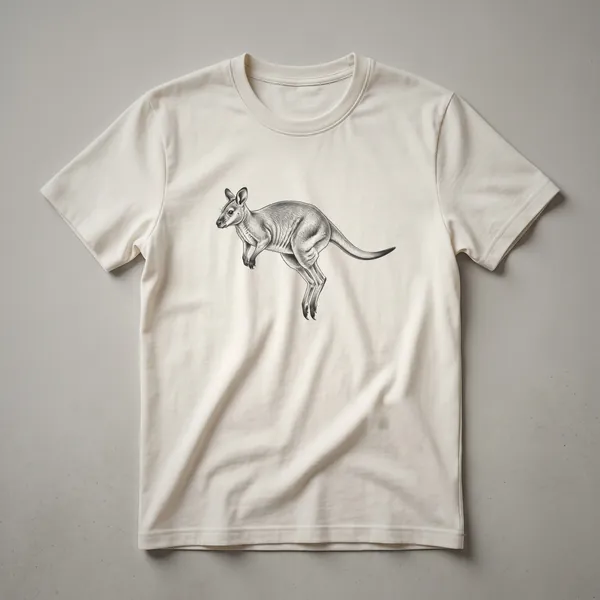 Black and white vintage line drawing of a wallaby in mid-leap, featured on a dark t-shirt.