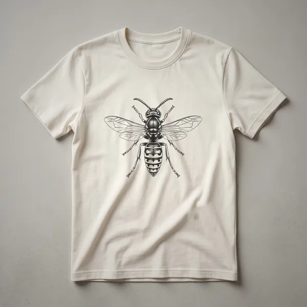 A black and white detailed line drawing of a wasp, presented as a graphic on a t-shirt, showcasing its wings and legs.