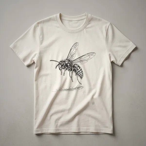 Black t-shirt with a detailed vintage line drawing of a wasp in profile, showcasing its wings, body segments, and antennae.