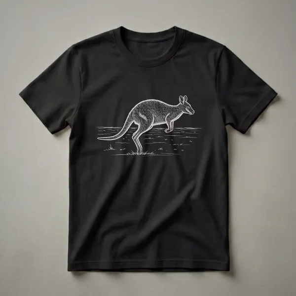 Black t-shirt with a white line drawing of a wallaby mid-leap, set against a black background with sparse grass details.