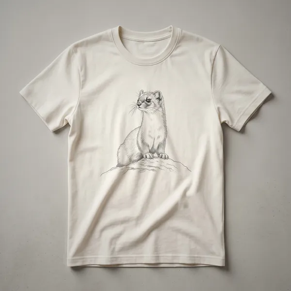 Black and white line drawing of a weasel sitting on rocks, looking to the left, on a black t-shirt.