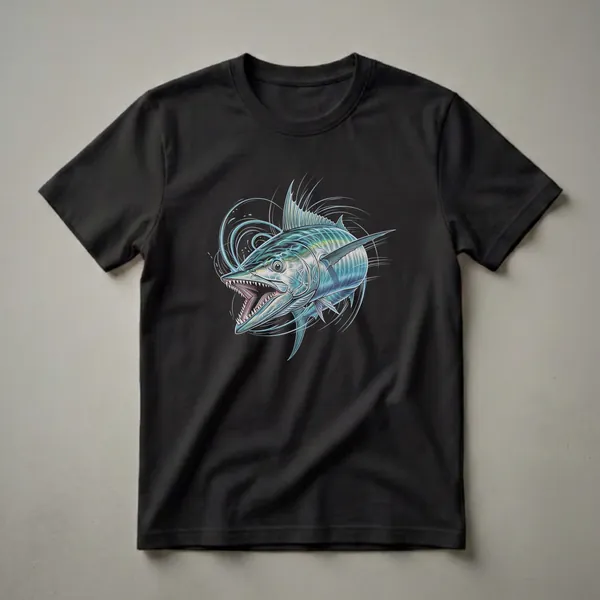 Black t-shirt featuring a detailed illustration of a wahoo fish with its mouth open, surrounded by dynamic water splashes and lines, showcasing its blue and green iridescent scales.