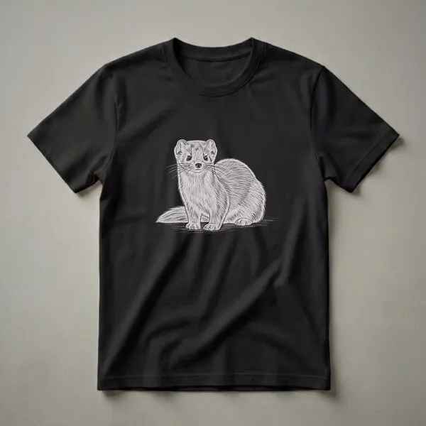 Black and white sketch of a weasel sitting on a textured surface, depicted on a black t-shirt.